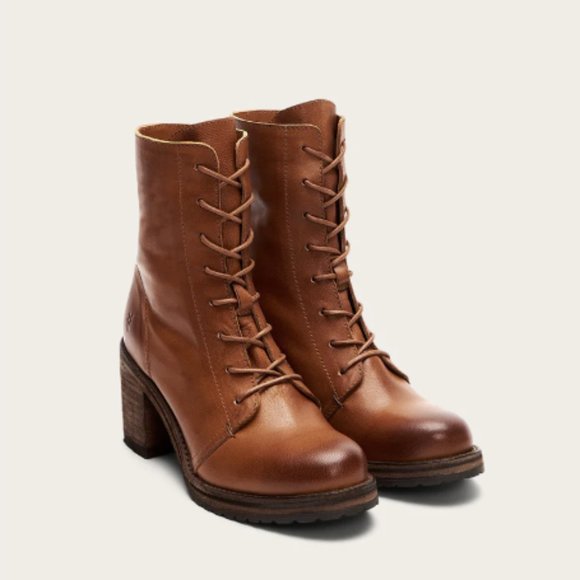 Frye Karen Cognac Leather Combat Lace Up Combat Wood Block Heel Ankle Boots - Picture 4 of 16